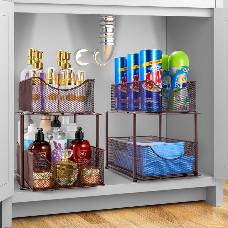 Sorbus 2 Tier Metal Under Sink Organizer for Bathroom, Kitchen, Strong Steel Mesh Sliding Drawers for Under Sink, Under Cabinet, Closet, Kitchen, Pantry, Bathroom Organizers and Storage (Brown) - Image 2